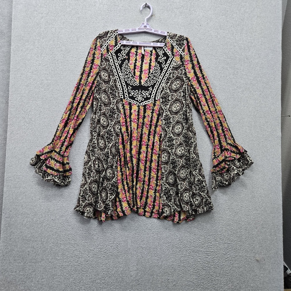 Free People Women Dress S Black Floral Fallin Into You Tunic Mini Shift Boho